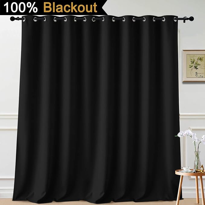 Yakamok Black 100% Blackout Patio Door Curtain Panels W100 x L108,1 Panel | Noise Reducing Barrier Panel for Sliding Glass Door, 2 Thick Layers Heat Full Light Blocking Patio Door Drapery