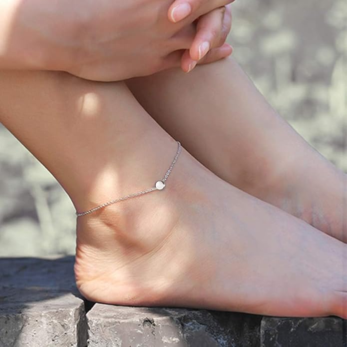 ChicSilver Personalized 925 Sterling Silver Tiny Heart/Moon/Star/Sun/Dot/Triangle Anklets Simple Dainty Foot Jewelry for Women, Silver/Gold Plated/Rose Gold Plated