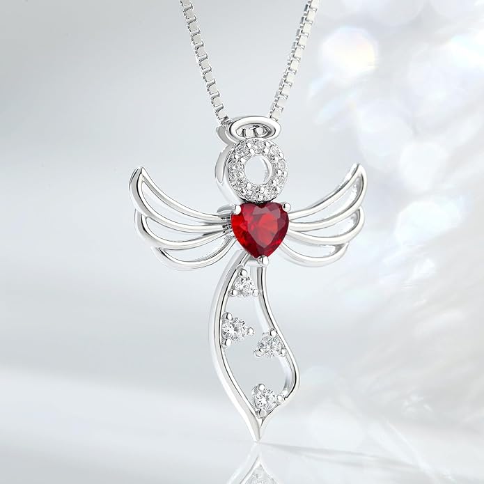 925 Sterling Silver Guardian Angel Pendant Necklace for Women - Birthstone Cubic Zirconia, 18" Chain, Gift for Her