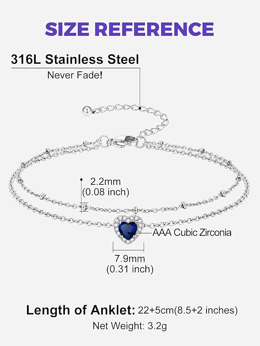 Richsteel Double Layer Heart/Butterfly Birthstone Anklet for Women Non Tarnish Waterproof, Silver/Gold/Black Stainless Steel 8.5-10.5 Inch Adjustable Chain Anklets Jewelry Gifts for Her