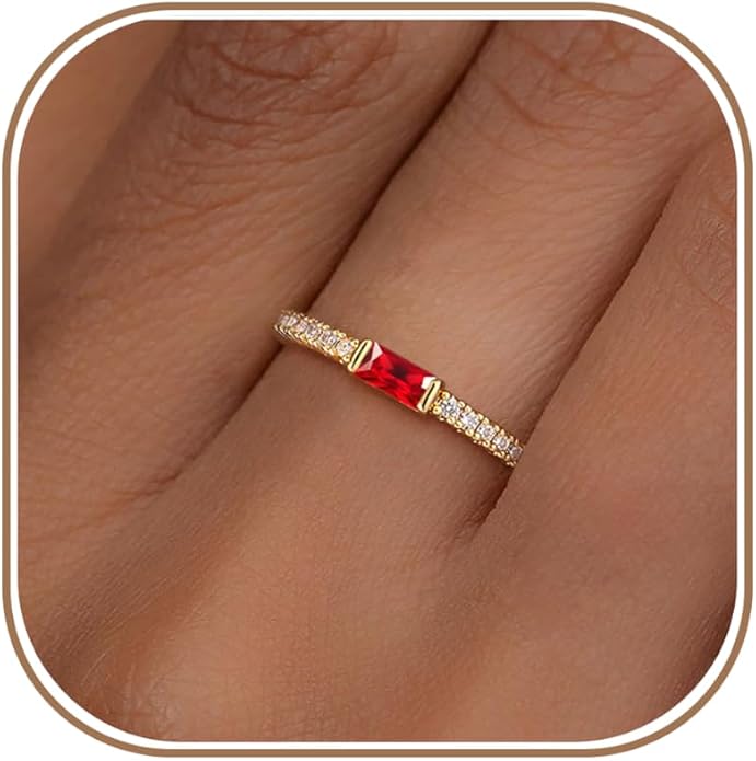RLMOON Birthstone Gold Rings for Women Non Tarnish 14K Gold Plated Eternity Stackable Rings Dainty CZ Gemstone Engagement Rings Wedding Band Jewelry Gifts Size 4-10