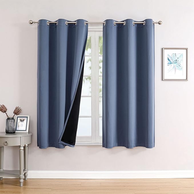 ChrisDowa 100% Blackout Curtains for Bedroom 63 Inches Long 2 Panels Set | 2 Thick Layers, Thermal Insulated, Light Blocking, Grommet, Window Treatment, Living Room Drapes, Stone Blue, 42 x 63 Inch