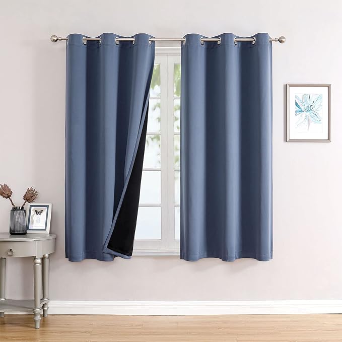 ChrisDowa 100% Blackout Curtains for Bedroom 45 Inches Long 2 Panels Set | 2 Thick Layers, Thermal Insulated, Light Blocking, Grommet, Window Treatment, Living Room Drapes, Stone Blue, 42 x 45 Inch