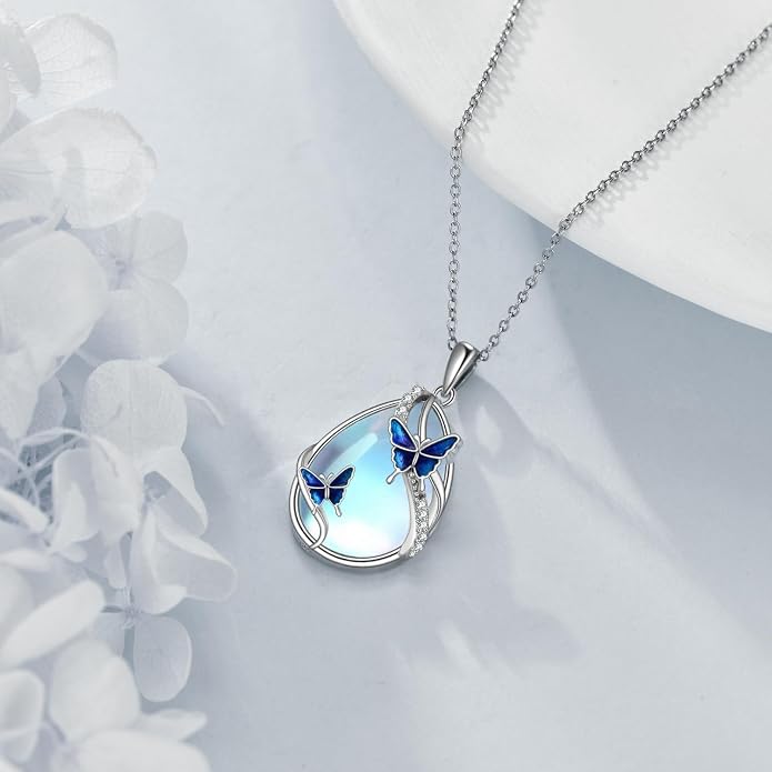 KQF Dragonfly/Butterlfy/Cat/Jellyfish/Bunny/Axolotl/Bee/Mermaid/Hummingbird/Elephant Necklace for Women Sterling Silver Moonstone Pendant Necklace Dragonfly Jewelry Gifts for Women