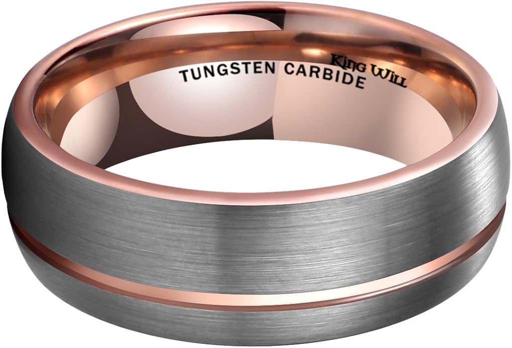 King Will Mens 8mm Rose Gold Groove/Gold Loop/Black Cross Groove Tungsten Carbide Wedding Ring Line Flat Pipe Cut Brushed Polished Comfort Fit 7-14