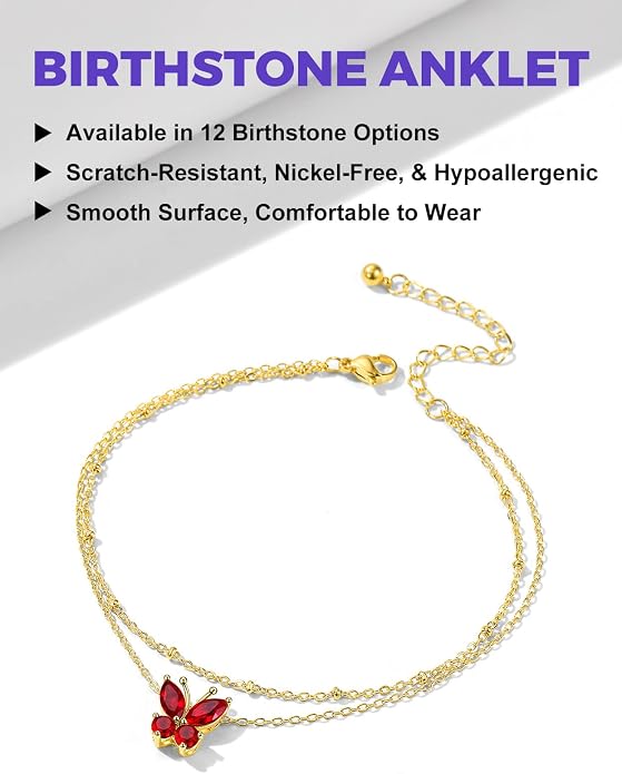 Richsteel Double Layer Heart/Butterfly Birthstone Anklet for Women Non Tarnish Waterproof, Silver/Gold/Black Stainless Steel 8.5-10.5 Inch Adjustable Chain Anklets Jewelry Gifts for Her