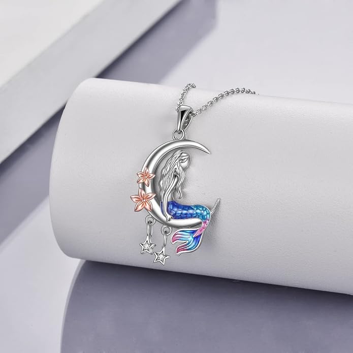 LUHE Mermaid Necklace Jewelry Gifts Sterling Silver Sea Mermaid Crescent Moon and Star Necklace with Flower Pendant Birthday Gifts for Daughter Women