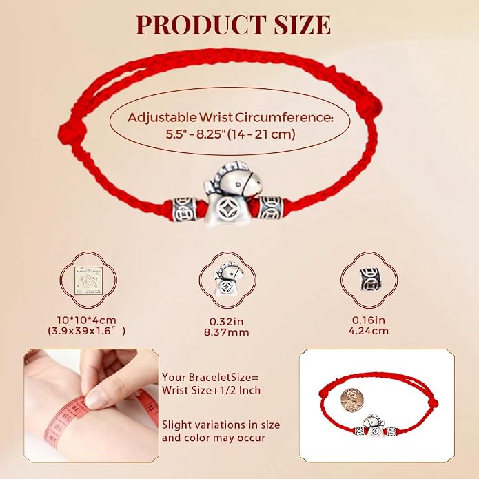 Sterling Silver Red String Bracelet with Hourse Charm, Zodiac Braided Cord Red Bracelet, Adjustable Good Luck Kabbalah String Bracele for Women Men Bracelet, Wealth Prosperity Symbol for Women Men, Handmade Energy Balance Yoga Jewelry for Gifts, Gift-R...
