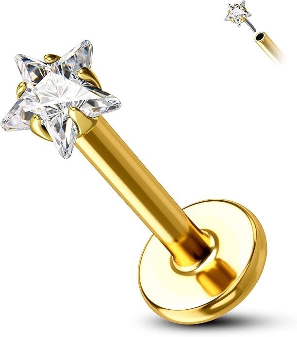 Cocharm 14K Gold Cartilage Earring Stud Yellow Gold Flat Back Helix Stud Push in Tragus Earring