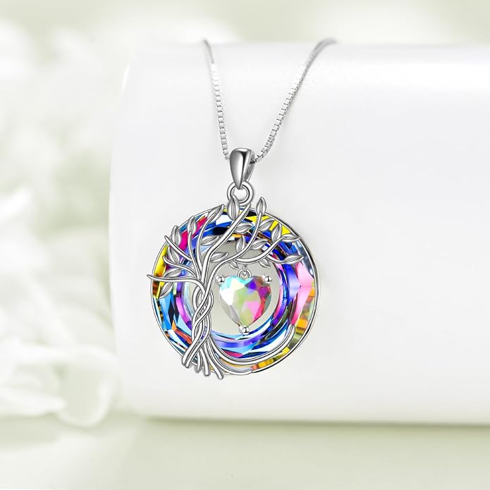 POPLYKE Mothers Day Gifts for Mom Her Wife Tree of Life Necklace 925 Sterling Silver Birthstone Pendant with Crystal Anniversary Birthday Wedding Jewelry for Women
