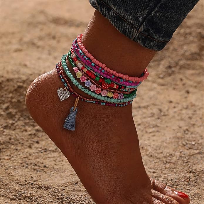 Caiyao 12 Pieces Colorful Elastic Beaded Anklets for Women Girls Handmade Beach Boho Colorful Beads Tassel Heart Flower Layered Anklets Set
