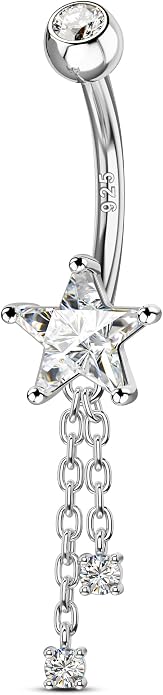 Cocharm 14K Gold Plated Belly Button Rings - 14G 925 Sterling Silver Navel Rings for Women - Dangle Belly Piercing Jewelry