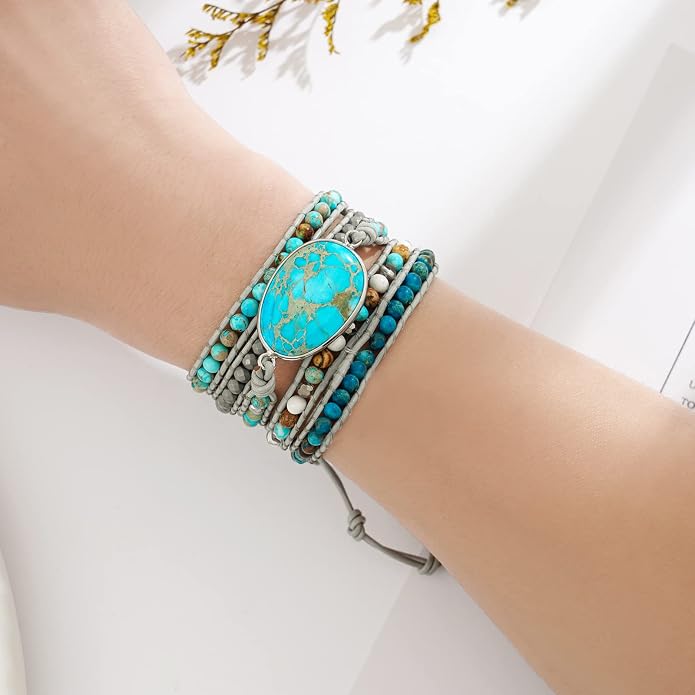 Plumiss Women Boho Handmade Natural Stone Crystal Leather Bead Wrap Bracelets Collection