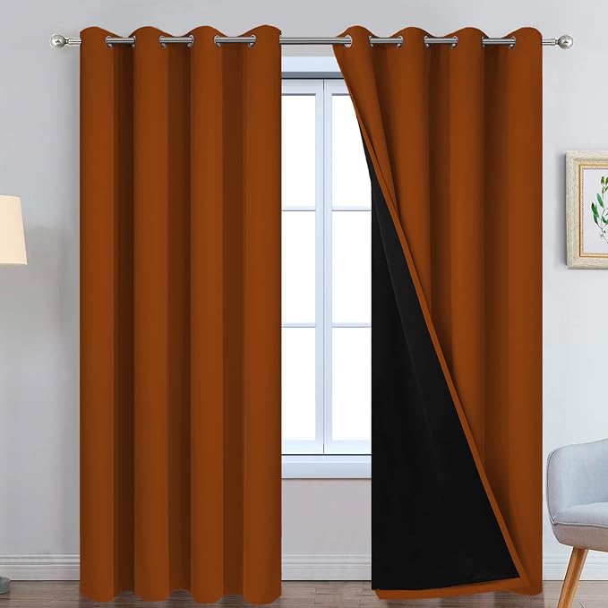 Yakamok Burnt Orange 100% Blackout Curtains 96 Inches Long 52" Wide 2 PCS | Blackout Curtain Panels for Bedroom, 2 Thick Layers Grommet Top Thermal Insulated Drapes with Black Liner for Living Room