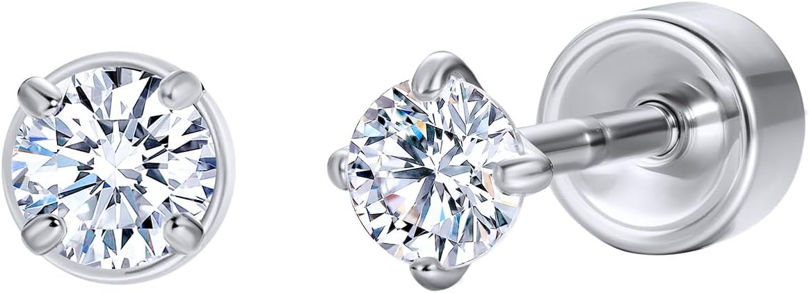 Moissanite Flat Back Earrings for Sensitive Ears | Implant Grade F136 Titanium Studs for Women Men | 18K White Gold Plated Hypoallergenic Sleep In Cartilage Lobe Piercing Jewelry, D Color VVS1 (3mm 4mm 5mm)