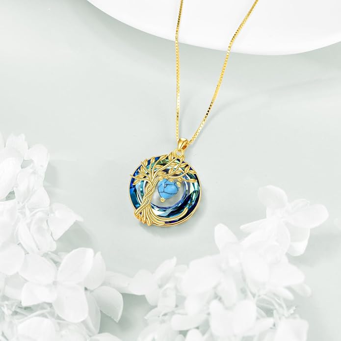 POPLYKE Mothers Day Gifts for Mom Her Wife Tree of Life Necklace 925 Sterling Silver Birthstone Pendant with Crystal Anniversary Birthday Wedding Jewelry for Women