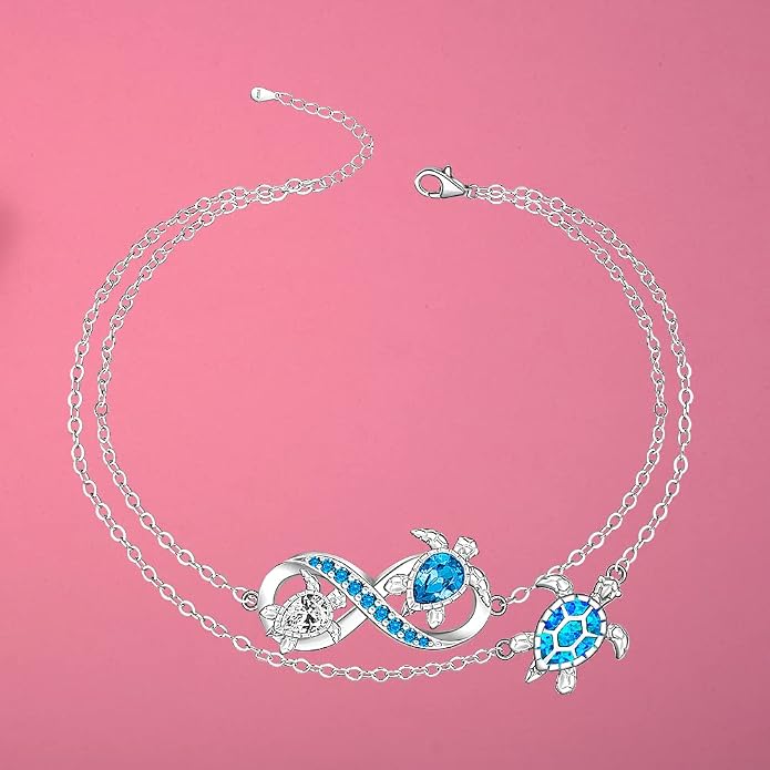 Fenthring Turtle Anklet S925 Sterling Silver Blue Opal Sea Turtle Ankle Bracelets for Women Infinity Wave Ocean Beach Summer Foot Bracelet Jewelry Layered Adjustable