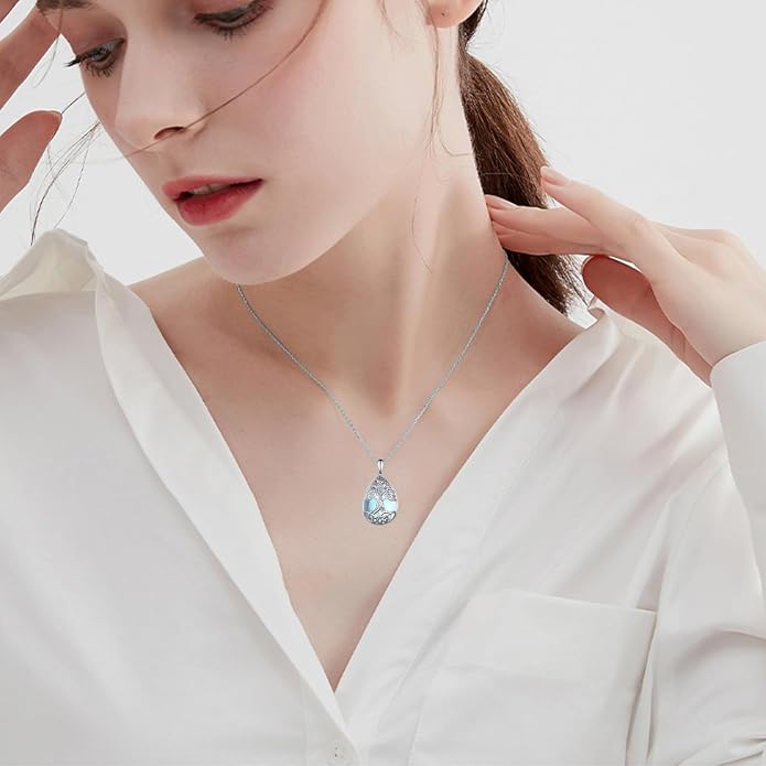 Teardrop Moonstone/Turquoise Necklace for Women 925 Sterling Silver Cage Filigree Necklaces Anniversary Birthday Jewelry Gift for Women