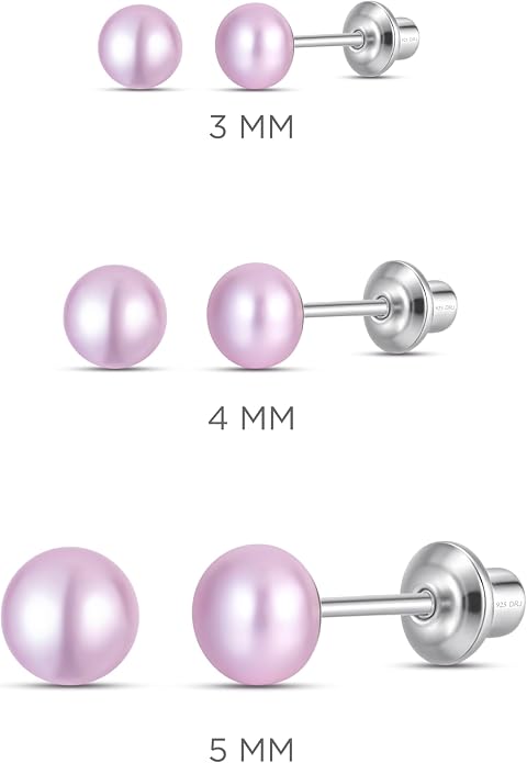 Pearl Screw Back Stud Earrings for Baby, Toddler, Girls | Hypoallergenic 925 Sterling Silver Screwback Safety Earrings | Simulated Pearl Studs for Sensitive Ears | Keepsake Gift for Birthdays Holidays Special Occasions