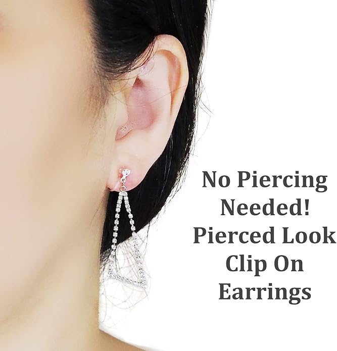 Dangle Silver Invisible Clip On Earrings for Women Not Pierced Gold Crystal Rhinestone Comfortable Hoop Fringe Long Chain Clip On Earrings