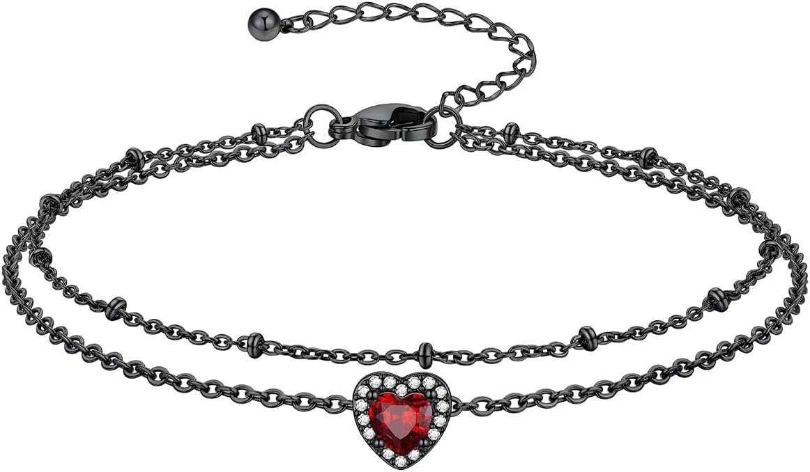 Richsteel Double Layer Heart/Butterfly Birthstone Anklet for Women Non Tarnish Waterproof, Silver/Gold/Black Stainless Steel 8.5-10.5 Inch Adjustable Chain Anklets Jewelry Gifts for Her