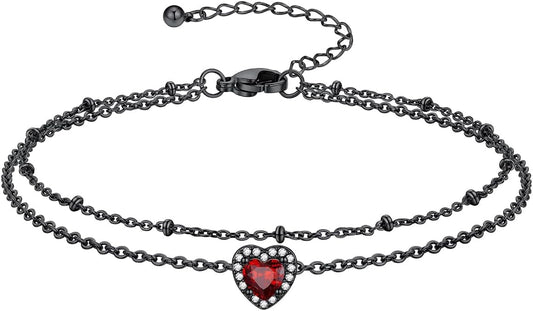 Richsteel Double Layer Heart/Butterfly Birthstone Anklet for Women Non Tarnish Waterproof, Silver/Gold/Black Stainless Steel 8.5-10.5 Inch Adjustable Chain Anklets Jewelry Gifts for Her