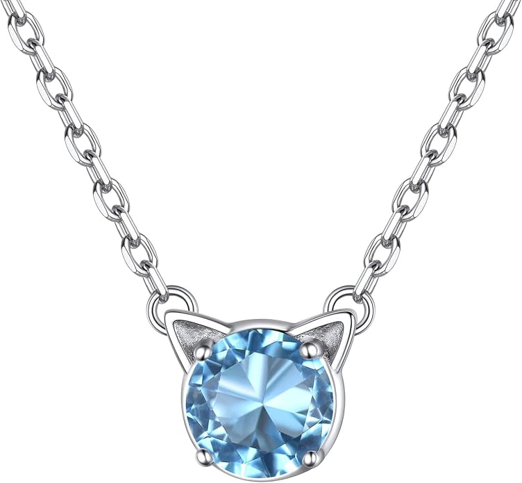 ChicSilver Bow and Cat Birthstone Necklace, 925 Sterling Silver Pendant Necklaces for Women, Hypoallergenic Silver Choker with 16 inch Rolo Chain, 12 Months Jewelry for Valentines Mothers Day Christmas