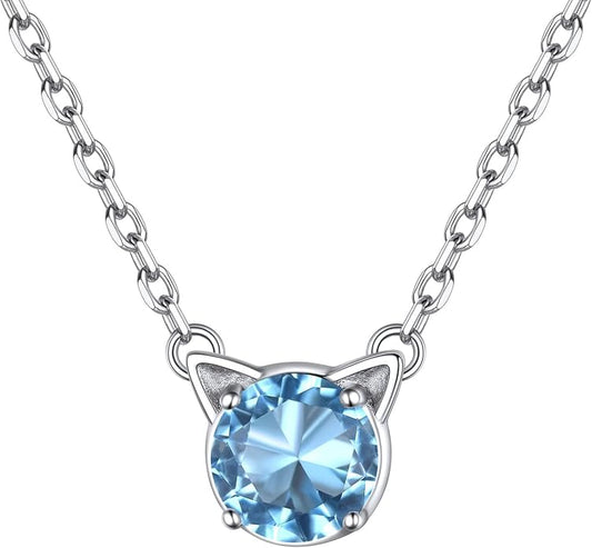 ChicSilver Bow and Cat Birthstone Necklace, 925 Sterling Silver Pendant Necklaces for Women, Hypoallergenic Silver Choker with 16 inch Rolo Chain, 12 Months Jewelry for Valentines Mothers Day Christmas