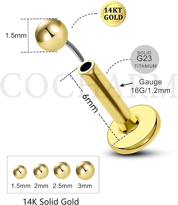COCHARM 14K Solid Gold Helix Cartilage Tragus Earring Stud 16g Yellow Gold Threadless Tragus Cartilage Helix Conch Piercing Jewelry Flat Back Lip Labret Medusa Monroe Piercing Stud
