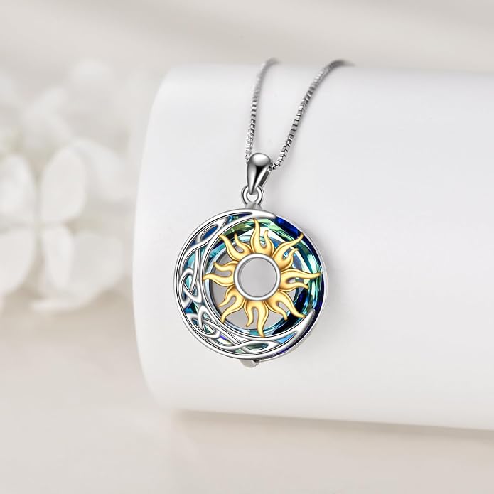 Sun and Moon Necklace for Women 925 Sterling Silver Celtic Crescent Moon Pendant Blue Opal/White Opal/Abelone Shell/Labradorite/Moonstone Jewelry Gift for Teen Girls