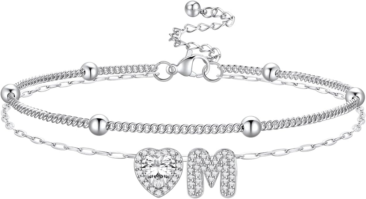 Bestyle Initial Anklet Bracelets for Women Waterproof Non Tarnish 14K Gold/White Gold Plated CZ Anklets for Women Dainty Layered Letter Heart Ankle Bracelets Adjustable Foot Chain Anklet
