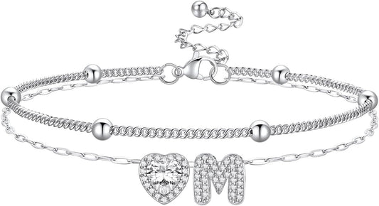 Bestyle Initial Anklet Bracelets for Women Waterproof Non Tarnish 14K Gold/White Gold Plated CZ Anklets for Women Dainty Layered Letter Heart Ankle Bracelets Adjustable Foot Chain Anklet