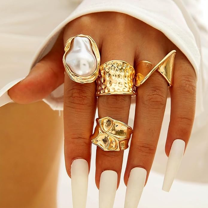 Chunky Gold Irregular Rings Stack Set for Women Statement Baroque Pearl Flower Stackable Knuckle Finger Ring Non Tarnish Boho Hammered Jewelry Gifts