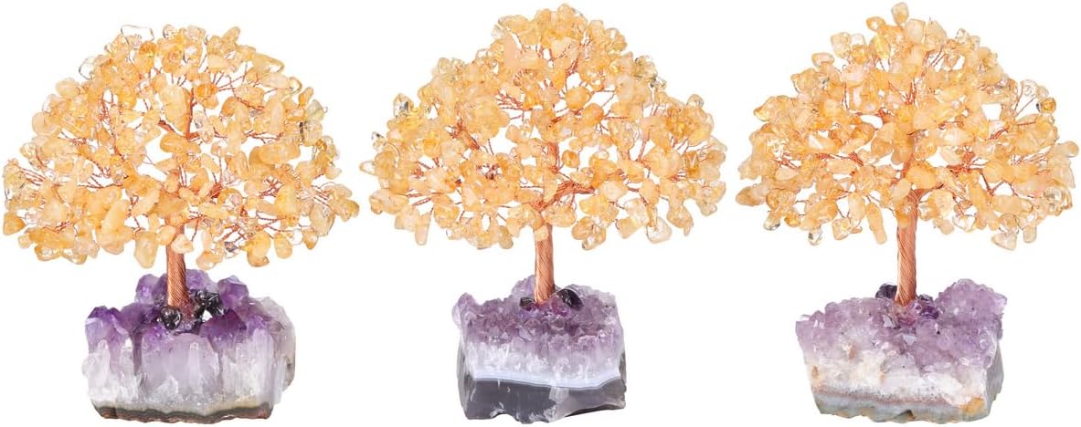 Jovivi Natural Citrine Healing Crystal Money Tree on Amethyst Cluster Geode Druzy Base Feng Shui Crystals for Home Office Desk Decorations, Wealth, Good Luck