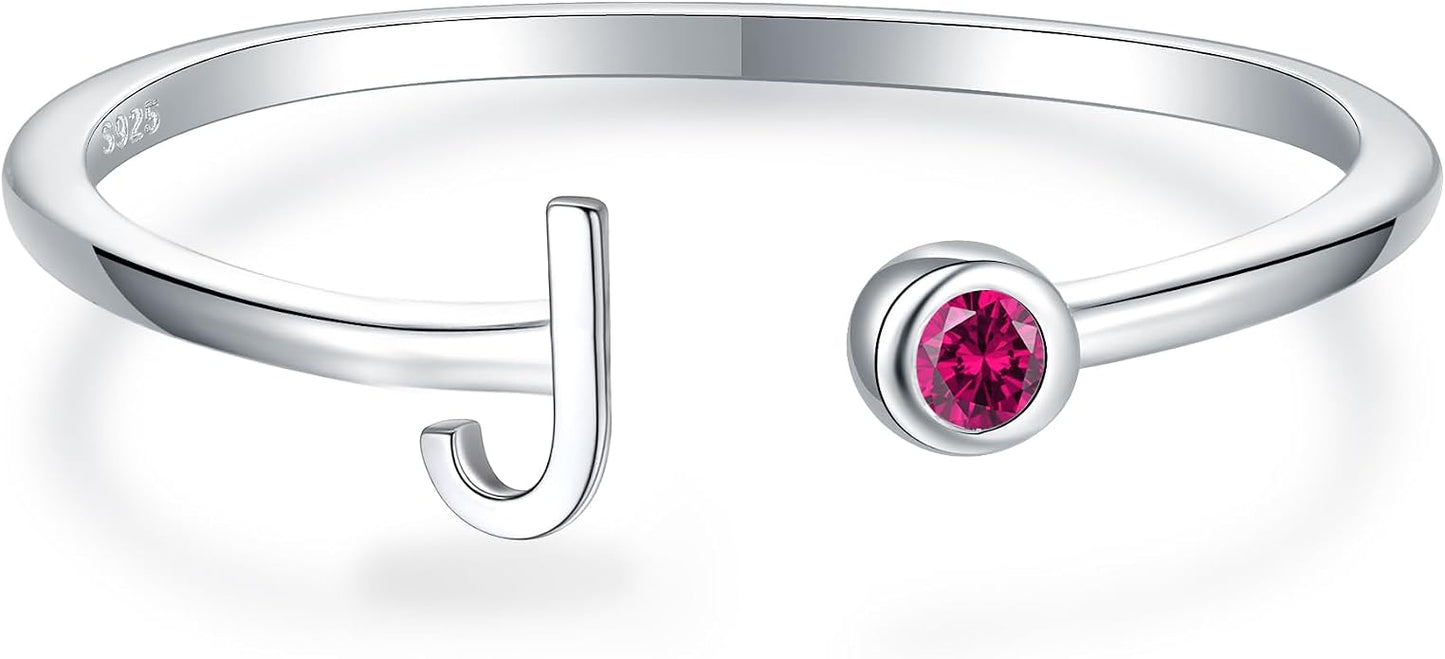 925 Sterling Silver Initial Letter Birthstone Rings for Women Adjustable 1-12 Month Birthstone Alphabet Stacking Ring for Teens Girls Stackable Birthstone Rings Birthday Jewelry Gift for Daughter Mom
