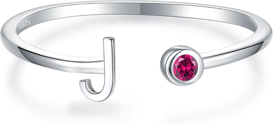 925 Sterling Silver Initial Letter Birthstone Rings for Women Adjustable 1-12 Month Birthstone Alphabet Stacking Ring for Teens Girls Stackable Birthstone Rings Birthday Jewelry Gift for Daughter Mom