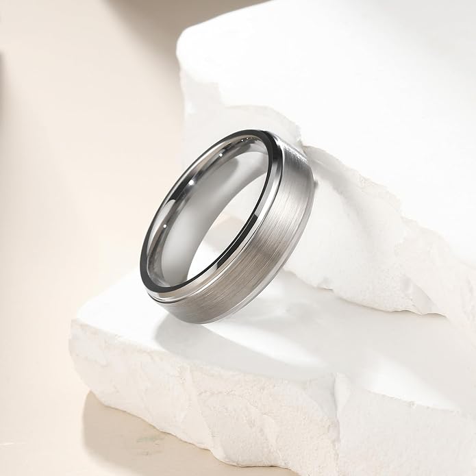King Will Classic Tungsten Wedding Band for Men, 6/7/8/9/10mm Widths, Polished Finish Step Edge Matte Rings Comfort Fit