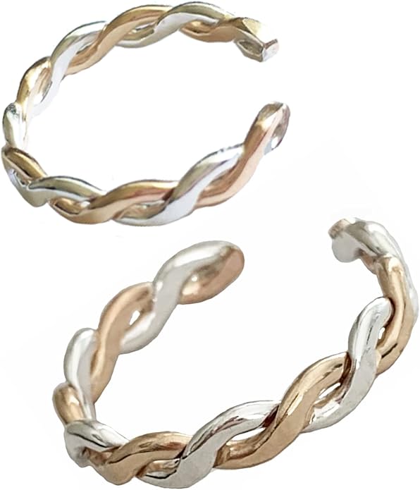 Toe Rings | Gift Set of Two Twine Medley Adjustable Toe Rings | Duo-Tone Braid 14k Gold Fill & Sterling Silver | Unisex Design