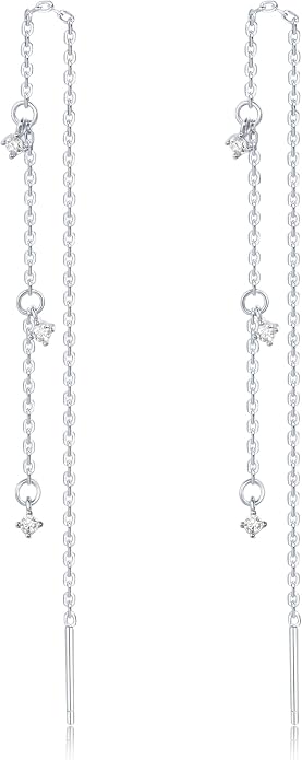 S.Leaf S925 Sterling Silver Threader Chain Earrings 18K Gold Plated Cubic Zirconia Dainty Dangle Double Piercing Long Drop Dangly Pull Through Tassel Chain Earrings Gifts for Women