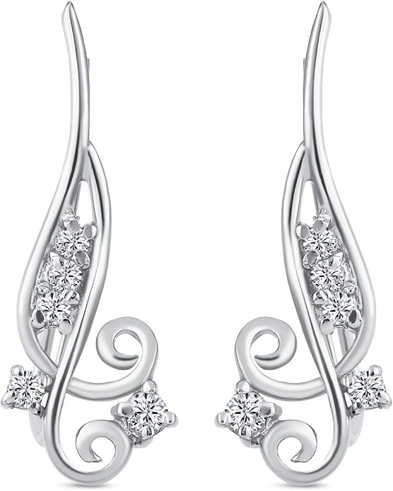 Trendy Scroll Swirl Wire Ear Pin Climbers Earrings For Women Teen AAA CZ Crawlers 14K Gold Plated .925 Sterling Silver