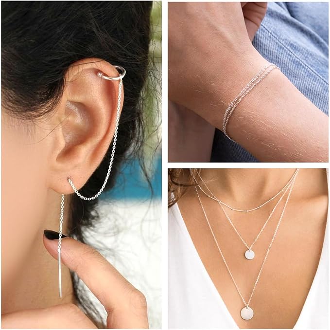 Elecrelive 3.28 Feet 925 Sterling Silver Cable Chains 1.5mm Thin Small Link Silver Necklace Permanent Jewelry Chain for Women Minimalist Necklace Bracelet Making
