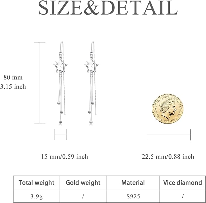 VONALA Moon Star Threader Earrings Sterling Silver Long Earrings for Women Hypoallergenic Tassel Chain Earrings for Teen Girls