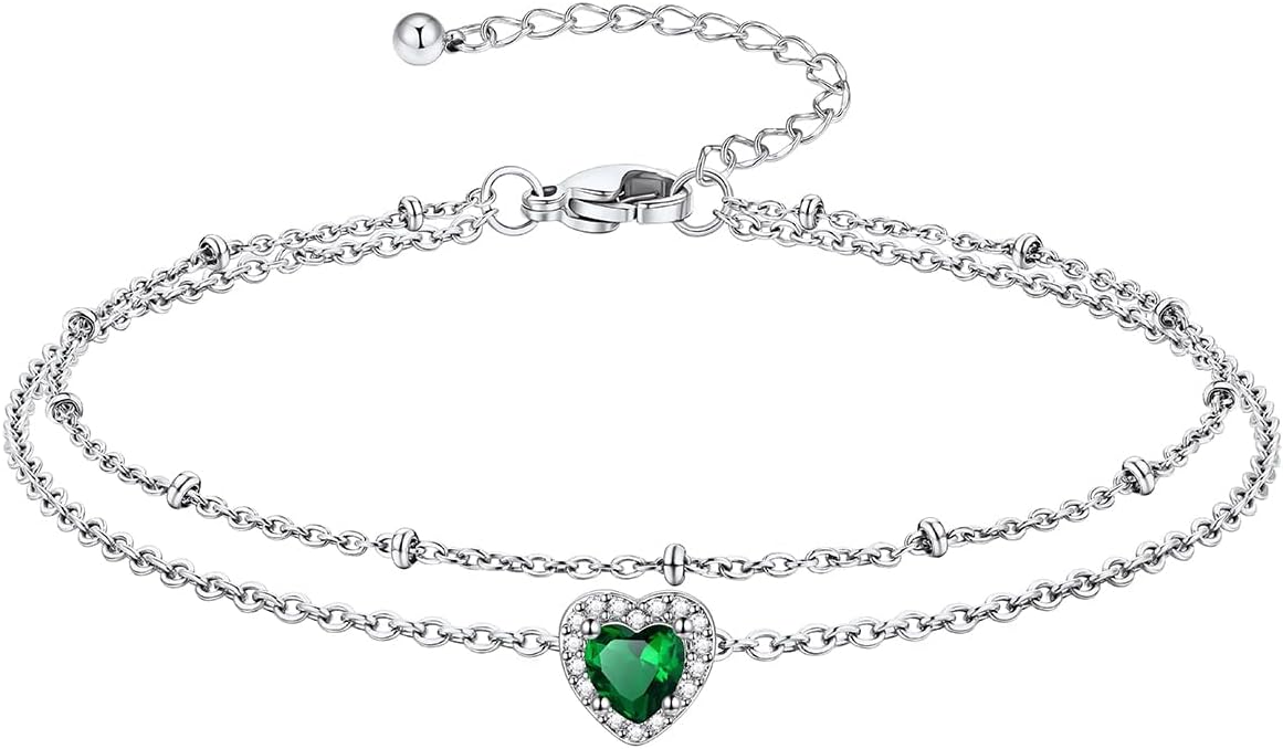 Richsteel Double Layer Heart/Butterfly Birthstone Anklet for Women Non Tarnish Waterproof, Silver/Gold/Black Stainless Steel 8.5-10.5 Inch Adjustable Chain Anklets Jewelry Gifts for Her