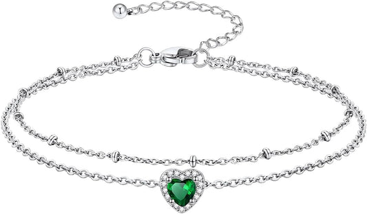 Richsteel Double Layer Heart/Butterfly Birthstone Anklet for Women Non Tarnish Waterproof, Silver/Gold/Black Stainless Steel 8.5-10.5 Inch Adjustable Chain Anklets Jewelry Gifts for Her
