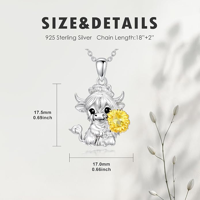 Highland Cow Gifts for Women 925 Sterling Silver Highland Cow Birthstone Necklace Fluffy Cow Jewelry Gifts Birthday Christmas