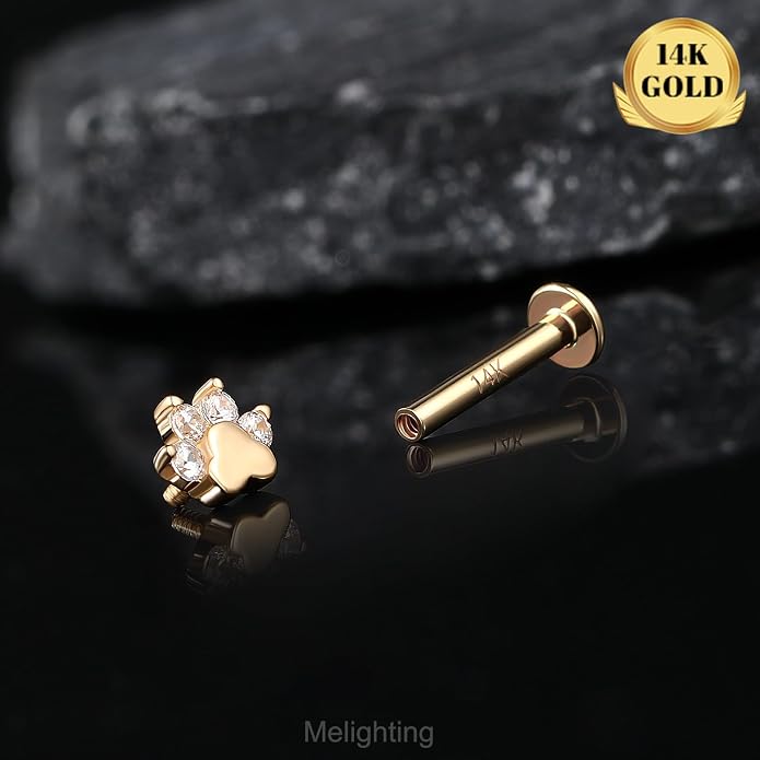 Melighting 14K Solid Gold Paw Dog Cartilage Earring Internally Threaded 16G Helix Piercing Jewelry Clear CZ Helix Earring for Women 8mm Flat Back Stud Earring