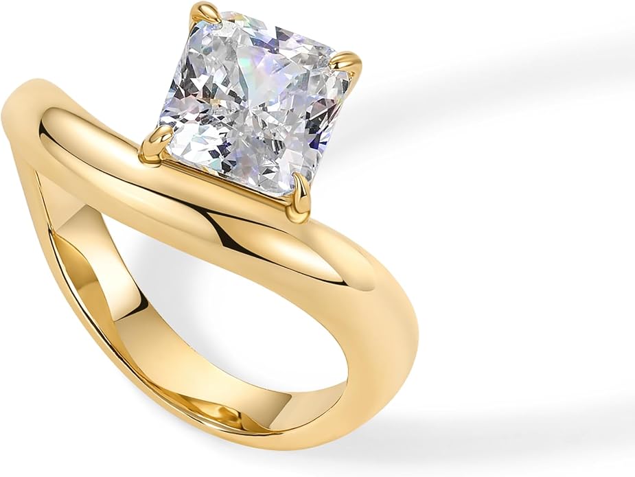 PAVOI 14K Gold Plated Wavy Engagement Ring for Women | Solitaire Cubic Zirconia Wedding Band & Promise Rings for Her | Trendy Fashion Jewelry