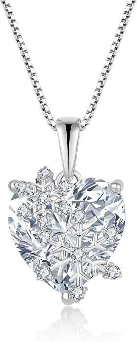 Snowflake Necklace for Women 925 Sterling Silver Heart Birthstone(White/Aquamarine/Sapphire/Pink) Pendant Necklaces Cubic Zirconia Winter Christmas Jewelry