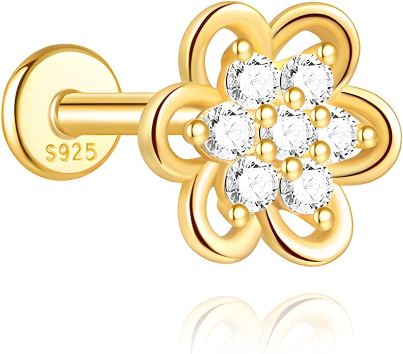 925 Sterling Silver Flower Cartilage Earring for Women 14K Gold Plated Flat Back Helix Tragus Conch Stud Internally Threaded Dainty CZ Floral Labret Piercing Jewelry