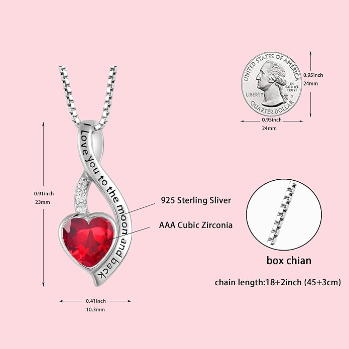 I Love You to The Moon and Back Necklace for Women, 925 Sterling Silver Heart Birthstone Pendant Necklace Jewelry Anniversary Birthday Gifts for Girls Women Wife Mom Daughter